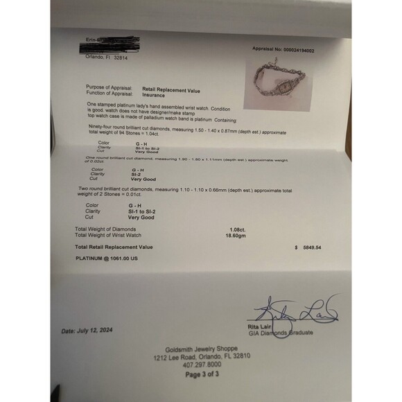 Art Deco Platinum and Diamond watch women’s with Appraisal Paperwork Working